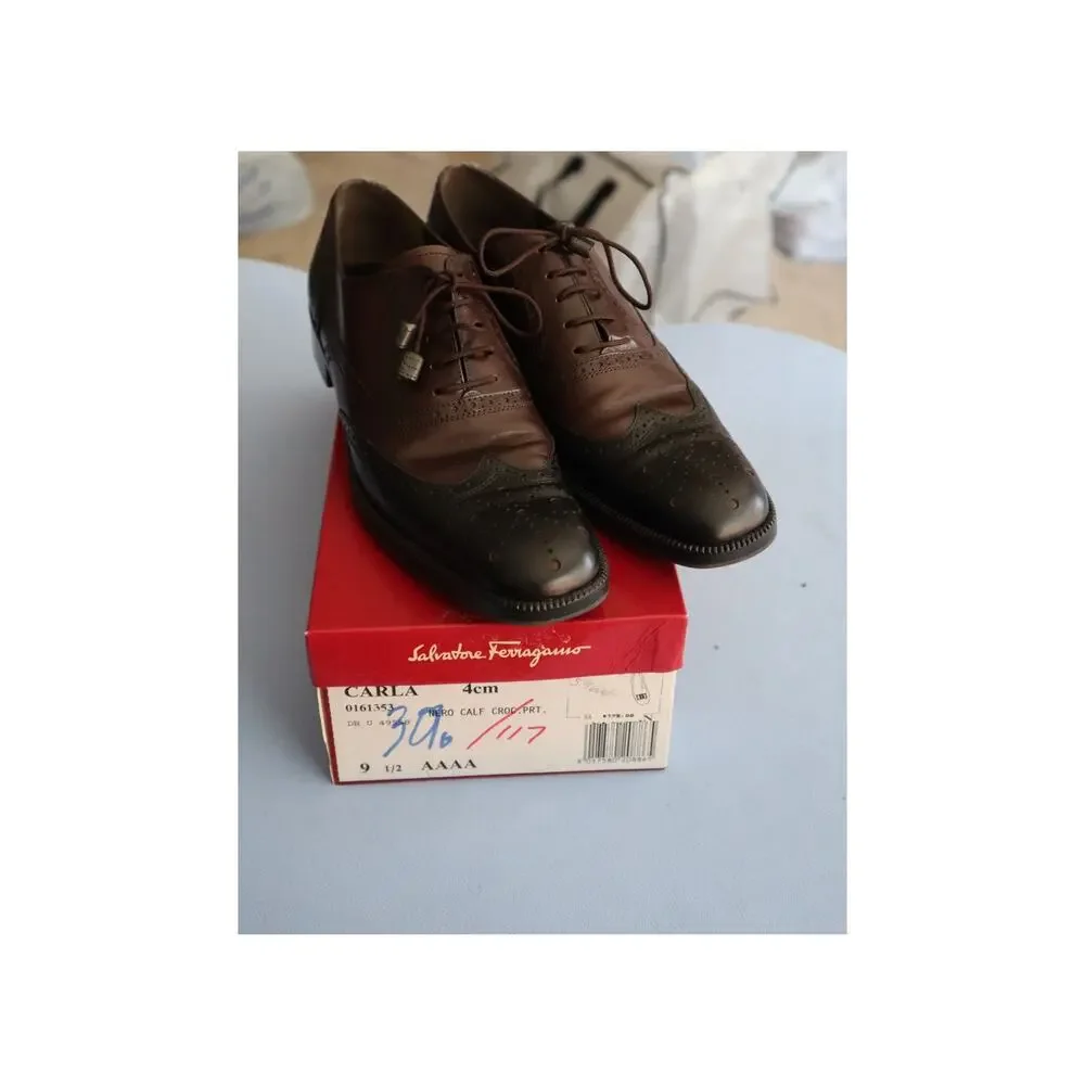 Salvatore Ferragamo Brown Black Leather Oxford Women 9.5 4A Narrow Wingtip AAAA